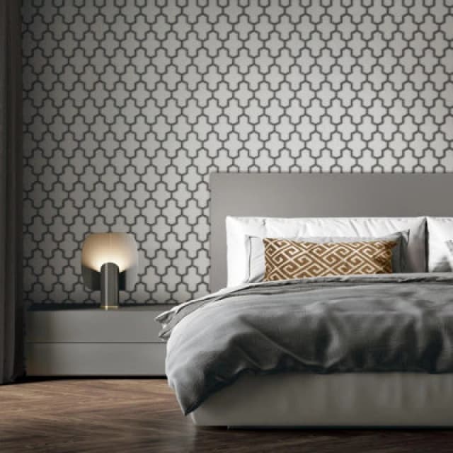 Debona Fabric Touch Vinyl Geometric Trellis Black White Silver Wallpaper White unisex