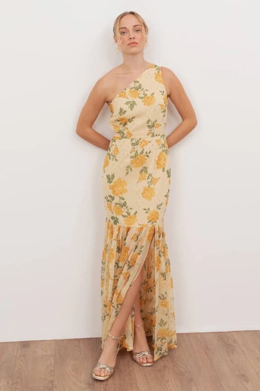 Anaya with Love Womens Floral Print One Shoulder Maxi Dress in Yellow Size: 8 Yellow Female 8