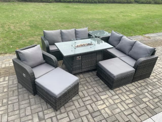 FIMOUS 9 Seater Wicker Rattan Garden Furniture Set Gas Fire Pit Dining Table Reclining Chair 3 Seater Sofa Set Indoor Outdoor with Side Table 2 Big 10