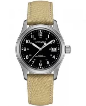 Hamilton Khaki Field Mechanical Black Dial Beige Fabric Strap Mens Watch H69439933 H69439933
