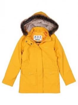 Barbour Girls Bournemouth Faux Fur Hooded Rain Coat - Ochre