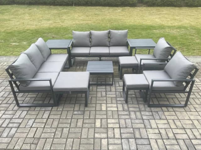 Fimous Aluminium Outdoor Garden Furniture Set Patio Lounge Sofa with Square Coffee Table 2 Side Tables 2 Armchairs 3 Footstools Dark Grey Dark Grey Un