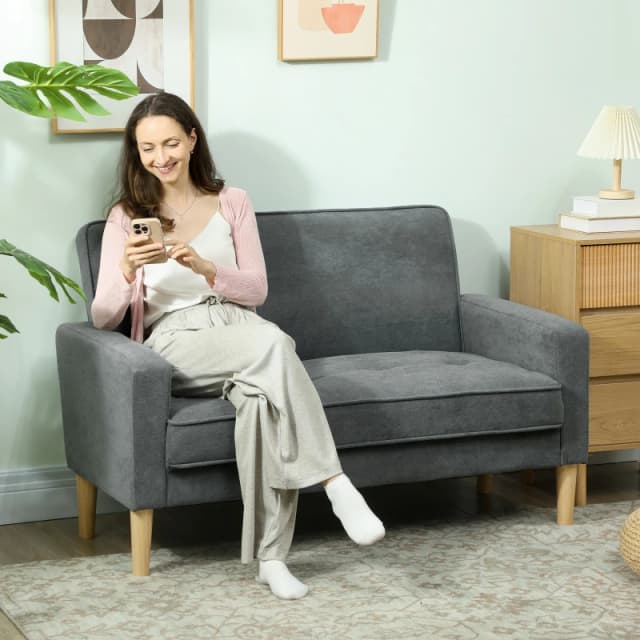 HOMCOM HOMCOM 2 Seater Sofa, Velvet Small Sofa with Rubber Wood Legs in Grey Grey 2 Seater Unisex 5063603660830