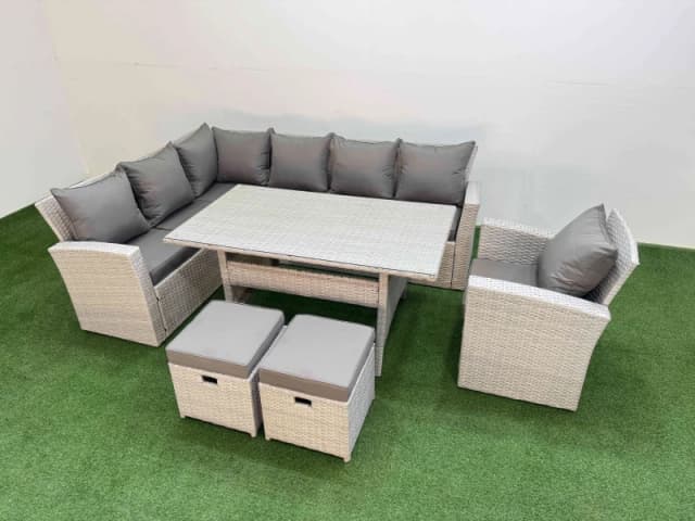 Fimous 9 Seater Rattan Garden Furniture Set with Dining Table Chair 2 Stools in Light Grey Light Grey Unisex