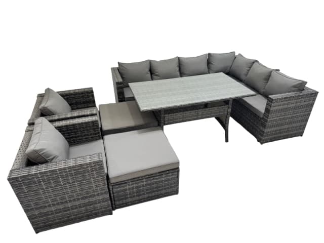 Fimous 10 Seater Patio Dining Corner Sofa Sets with 2 Chairs 2 Big Stools in Dark Grey Dark Grey Unisex