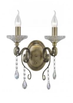 Wall Lamp Switched 2 Candle Light Antique Brass, Crystal