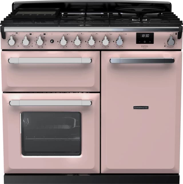 Rangemaster Estel Deluxe ESDL100DFPPPK/CM1 100cm wide Dual Fuel Range Cooker with Gas Hob - Pale Pink / Chrome - A/A Rated