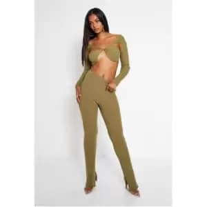 I Saw It First Waist Detail Knitted Rib Leggings - Green