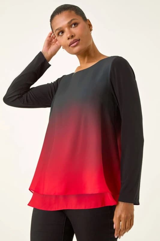 Roman Womens Ombre Chiffon Overlay Top in Red Size: 16 Red Female 16