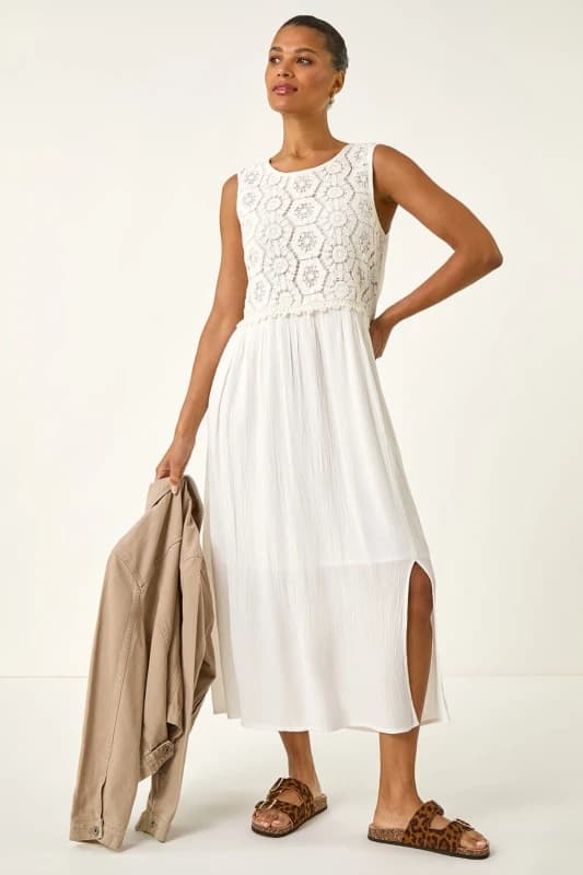 Roman Womens Crochet Bodice Midi Dress in White Size: 18 White Female 18