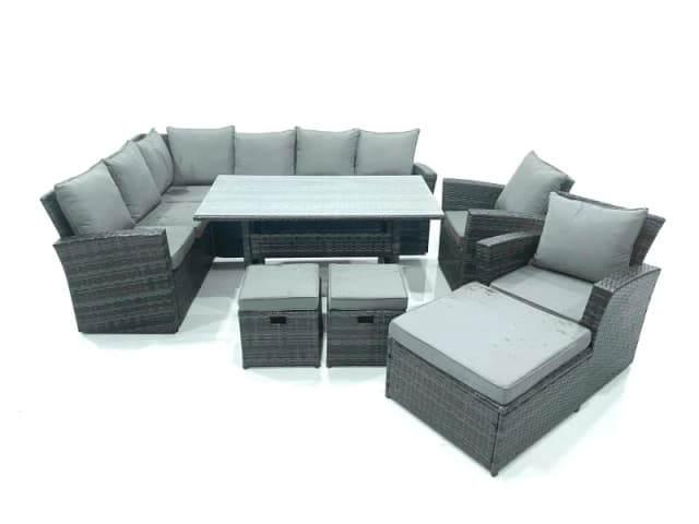 Fimous Outdoor Furniture Garden Dining Set Rattan Corner Sofa Set with 3 Footstools 2 Armchairs in Dark Grey Dark Grey Unisex