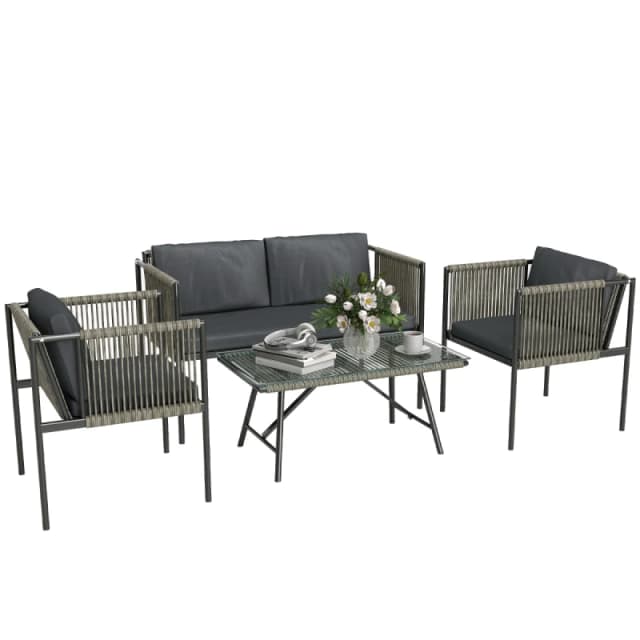 Outsunny 4 Seater Wicker Outdoor Furniture Set with Glass Coffee Table Grey TJ Hughes 5063603230248