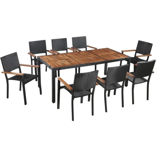 VIDAXL 9 Piece Outdoor Dining Set Poly Rattan and Acacia Wood Black Vidaxl 43936