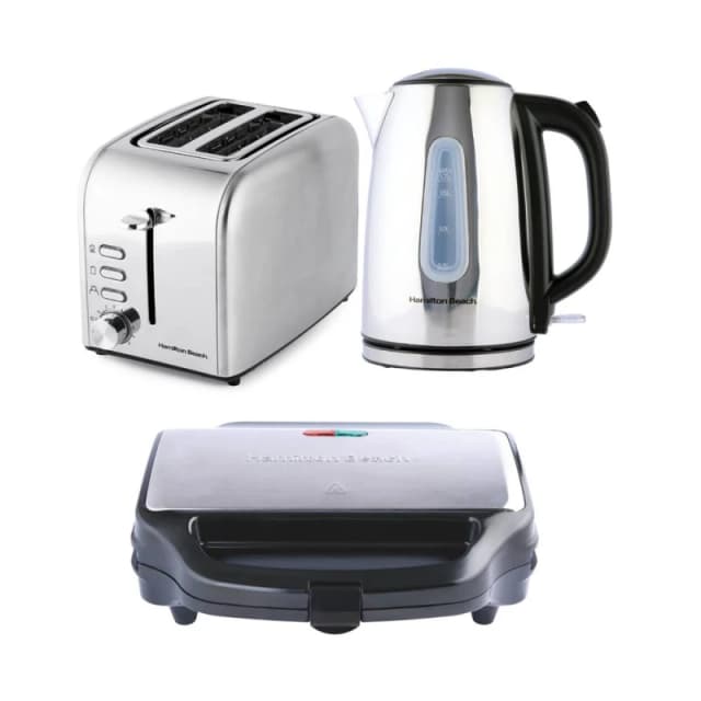 Hamilton Beach Rise Polished Kettle, 2 Slice Toaster & Sandwich Toaster Set - Silver Silver Unisex