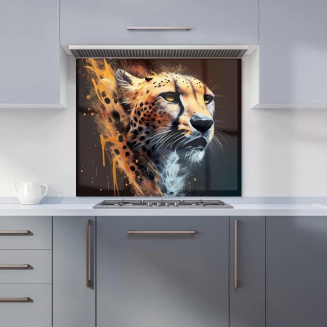 Warren Reed - Designer Cheetah Face Splashart Dark Background Kitchen Splashback in Yellow Size: 600mm x 750mm Yellow Unisex 600mm x 750mm