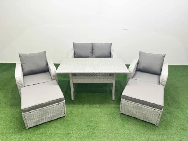 Fimous Light Grey PE Wicker Rattan Garden Furniture Set Sofa Set Reclining Chair Rectangular Dining Table 6 Seater 2 Big Stools Light Grey