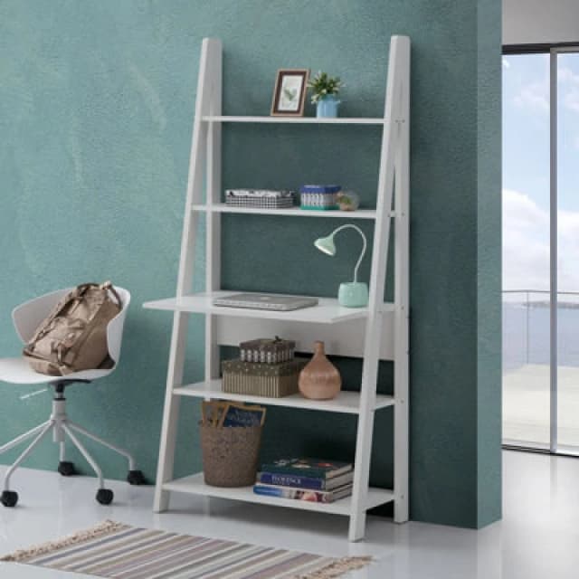 Timber Art Design Riva Ladder Bookcase With 5 Tier Shelves & Overhanging Desk Shelf In White