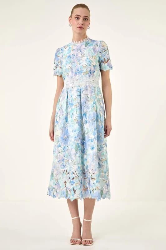 Roman Womens Watercolour Lace Midi Dress in Blue Size: 20 Blue Female 20