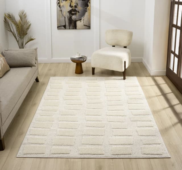 Isabella Living Room Area Rugs - Embossed Cobble Design Cream 200Cm X 290Cm