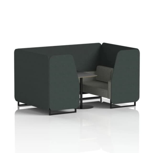 Brixworth 4 Seater Office Booth with Front Panel - Black Legs and Black Table with Black Leg in Rivet Fabric - Charcoal Panels and Vitreous Sofa