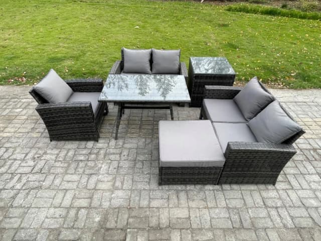 Fimous 6 Seater Wicker PE Rattan Garden Dining Set Outdoor Furniture Sofa with Rectangular Dining Table Double Seat Sofa Big Footstool Side Table Dark
