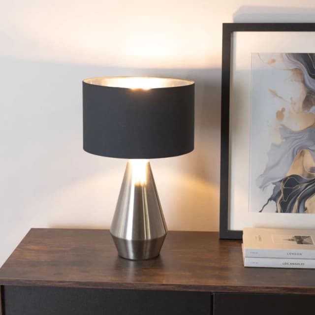 ValueLights ValueLights Jax Chrome Dimmable Touch Table Lamp with Fabric Drum & Chrome Inner Lamp Shade in Black One Size Unisex 5059406060304