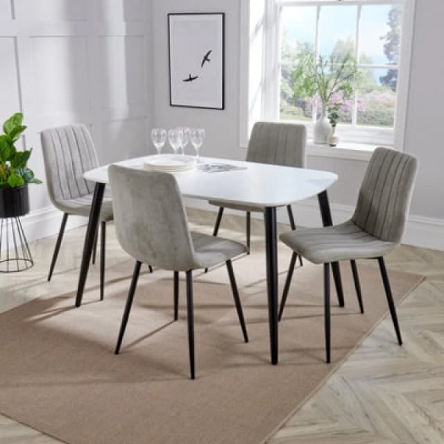 Core Products Aspen White 120Cm Rectangular Dining Table With 4 Light Grey Cord Fabric Straight Stitch Design Chairs