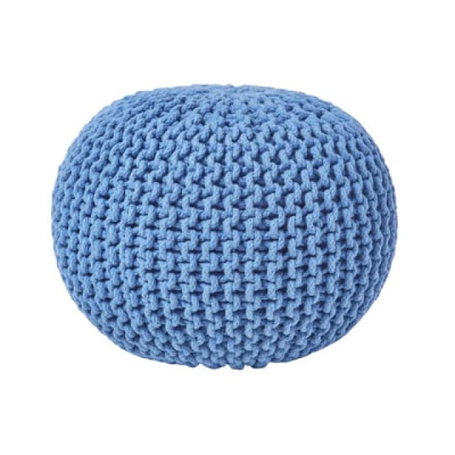 Homescapes Blue Round Cotton Knitted Pouffe Footstool