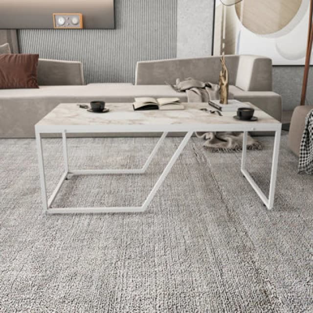 Decorotika Wendy Modern Coffee Table Large Accent Table Industrial Design - White Marble Effect And White WND47CT02