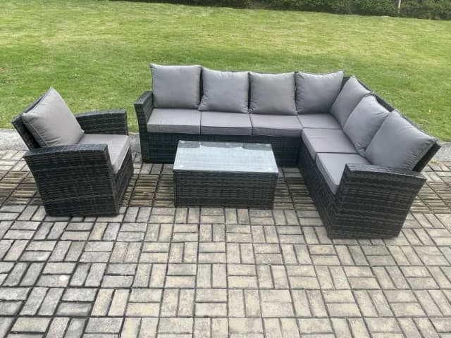 Fimous Rattan Garden Furniture Corner Sofa Set 4 Pieces Outdoor Patio Sofa Chair Table Set with Rectangular Coffee Table Dark Grey Mixed Dark Grey Uni