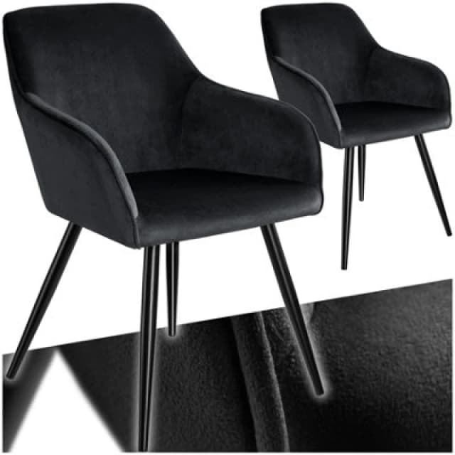 Tectake Set Of 2 Dining Chair Marilyn - With Armrests, Padded, Velvet Look, Black Steel Legs - Black