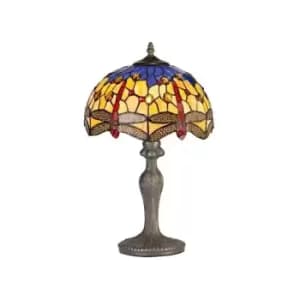 Luminosa Lighting - 1 Light Curved Table Lamp E27 With 30cm Tiffany Shade, Blue, Orange, Crystal, Aged Antique Brass