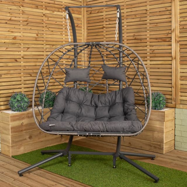 Samuel Alexander 2 Seater Hanging Garden Rattan Egg Chair with Steel Frame and Waterproof Cover in Grey