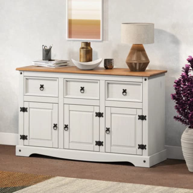 Mercers Furniture Corona White Painted 3 Door 3 Drawer Sideboard Solid Wood Pine With Mexican Styling Wooden