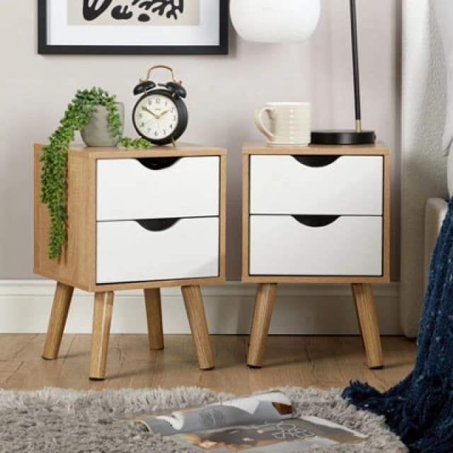 Home Source Boden Pair Of 2 Drawer Oak White Bedside Table Storage Units