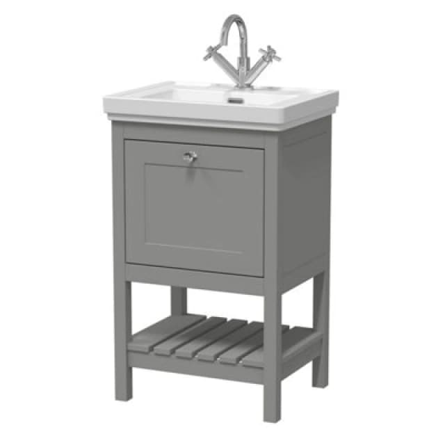 Nuie Old London Bexley Floor Standing 1 Drawer Vanity & 1 Tap Hole Fireclay Basin, Stylish Vanity Unit With Basin, Cool Grey, 500mm