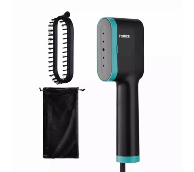 Tower Tower Ceraglide Handheld Garment Steamer with Ceramic Soleplate, Brush Attachment, Vertical Steaming, 1400W, Black & Teal Black A Unisex 5056784