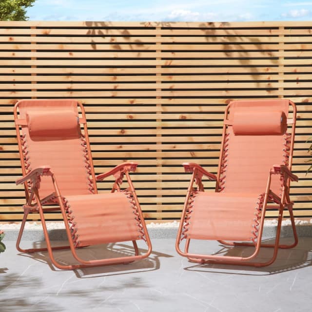 Vonhaus Zero Gravity Chairs Set Of 2, Orange Reclining Sun Loungers For Garden, Textilene Folding Garden Chairs