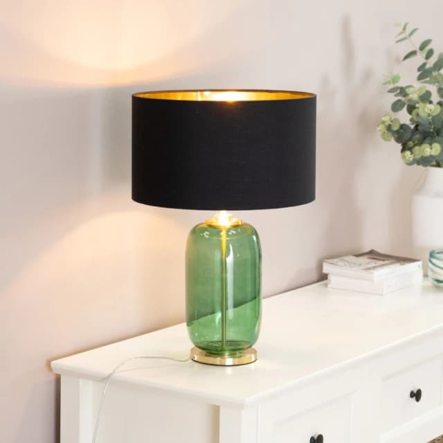 ValueLights Leigh Black with Metallic Gold Shade with Forest Green Glass and Gold Table Lamp Black