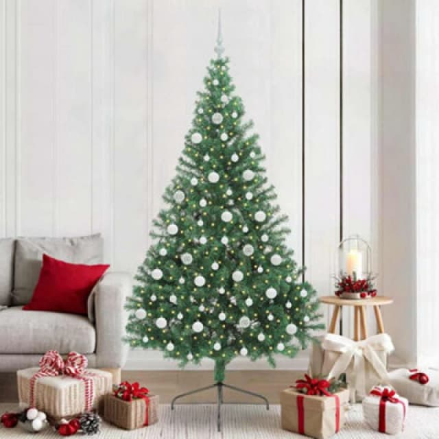 vidaXL Artificial Pre-lit Christmas Tree with White Balls Green 210cm PVC, Green 3397027