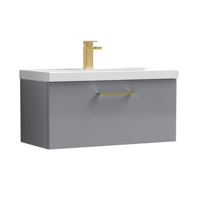 Balterley 800mm Wall Hung 1 Drawer Vanity Basin Unit, Satin Grey, Brass Handle in Grey Grey Unisex