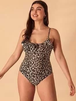 Accessorize Leopard Frill Swimsuit, Brown, Size 12, Women