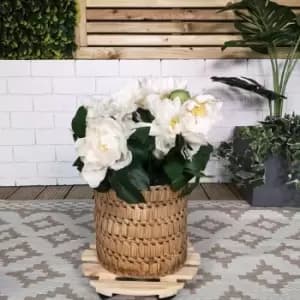 28cm Round Wooden Garden Plant Pot Flower Trolley Stand on Wheels