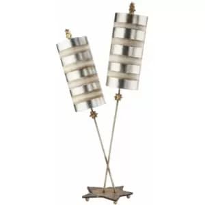 2 Bulb Table Lamp Silver Leaf & Cream Striped Shades Star Leaf Base LED E27 60W
