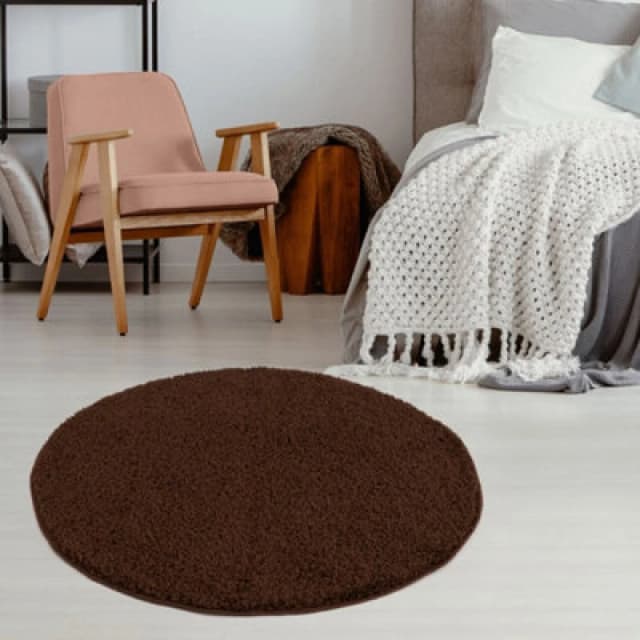 THE RUGS Shaggy Rugs Brown Living Room Rug - Soft Fluffy Thick Carpet For Bedrooms & Kitchen Easy To Clean Home Decor Rugs Size: 120cm diameter Bro