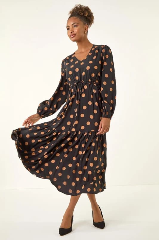Roman Womens Polka Dot Stretch Midi Dress in Black Size: 20 Black Female 20