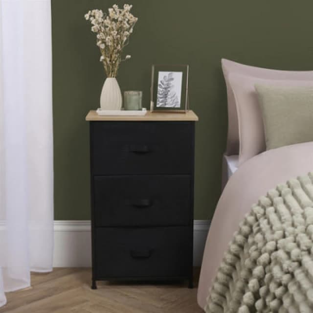 OHS OHS Fabric Cabinet Bedside 3 Drawers Storage Unit Home Organiser in Black One Size Unisex 5027434212224
