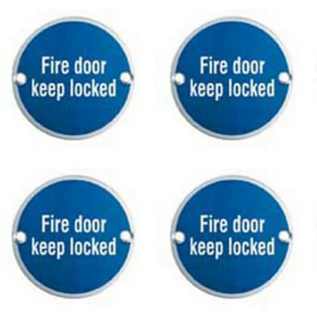 Loops 4x Fire Door Keep Locked Sign 64mm Fixing Centres 76mm Dia Satin Steel Metallics