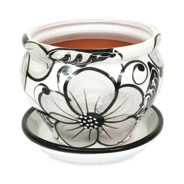 Verano Spanish Ceramics Grey Flowers Hand Painted Outdoor Garden Bola Pot & Drainage Plate (D) 25cm Grey unisex