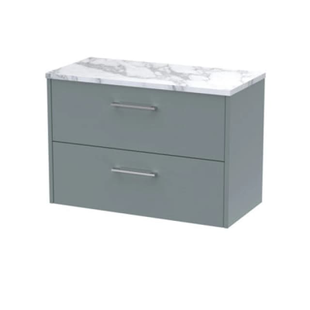 Nuie Hudson Reed Juno Wall Hung 2-Drawer Vanity Unit & Carrera Marble Worktop, Stylish Countertop Basin Unit In Coastal Grey, 800mm